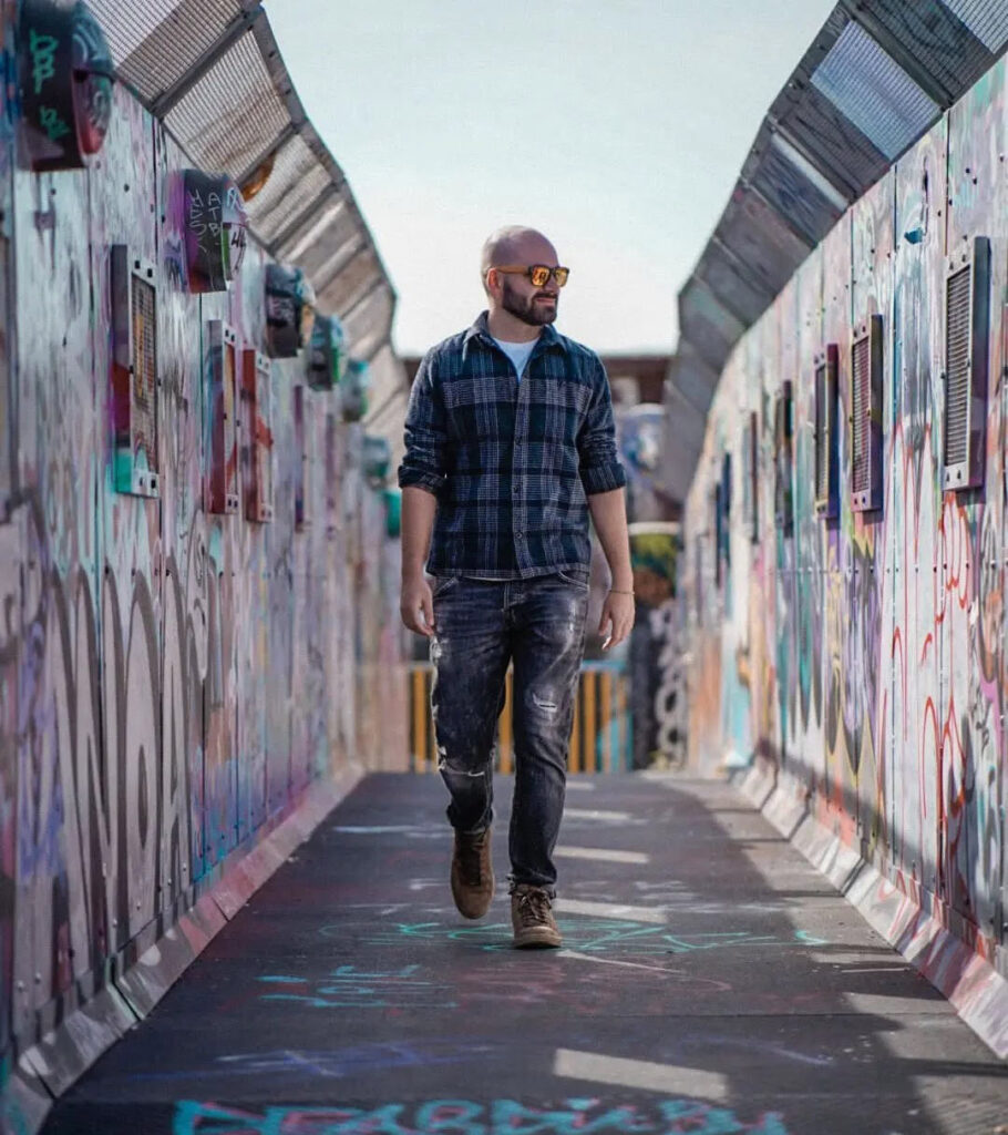 bald man walking